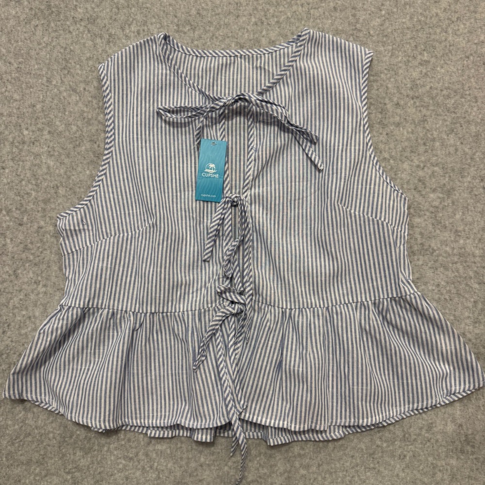 Cupshe Womens Blue White Striped Tie Front Peplum Tank Top Large NWT - Picture 2 of 8